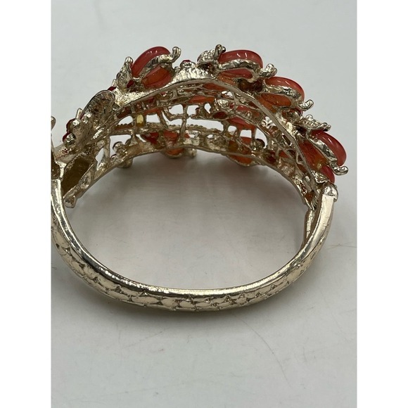 Red Cabachon Beaded Rhinestone Gold Tone Peacock Bangle Bracelet - Picture 9 of 11